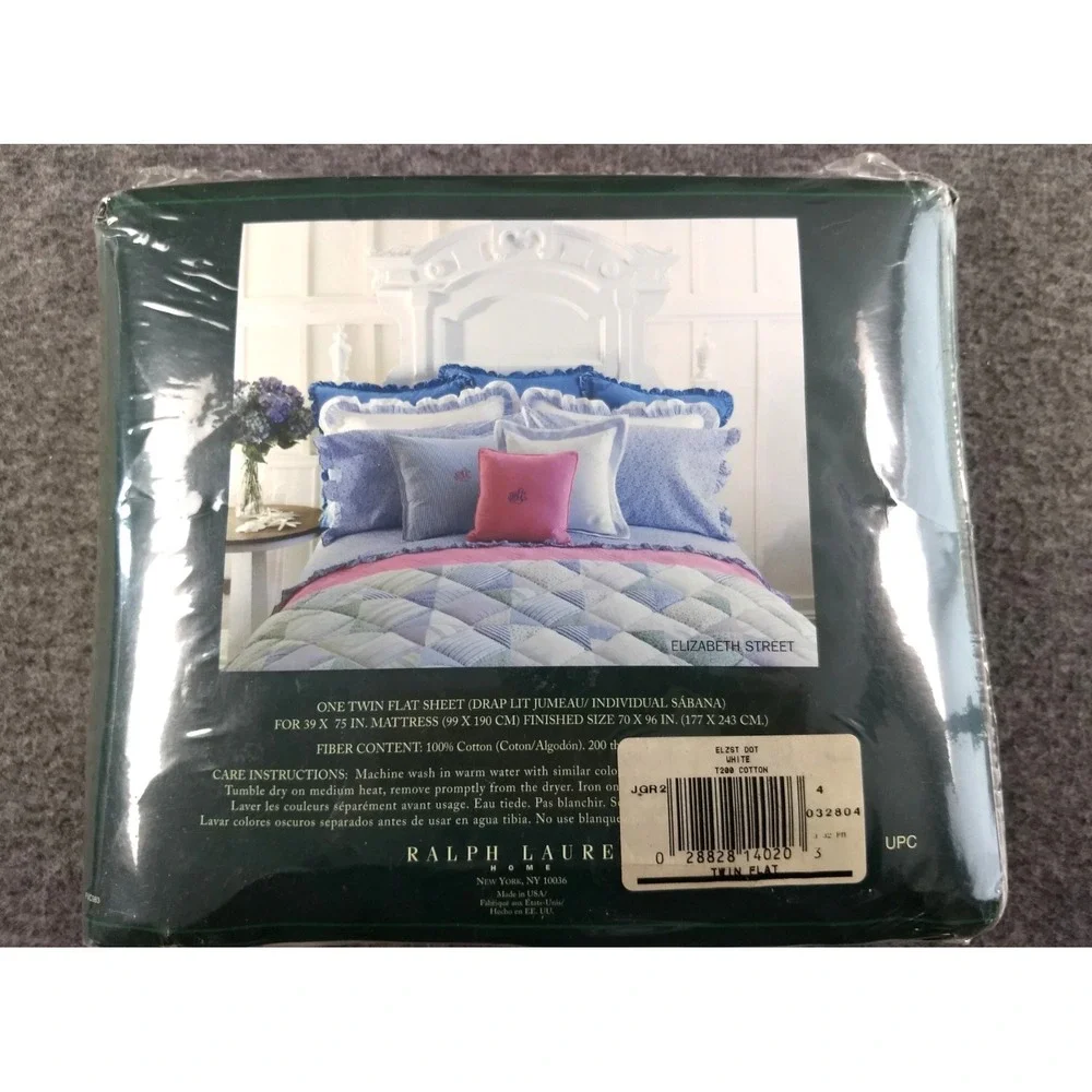 Ralph Lauren Twin Flat Sheet Elizabeth St Embroidered Blue Dot Ruffle Cotton NEW